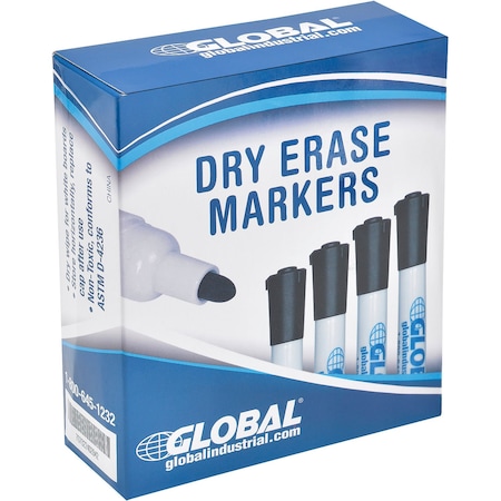 Global Industrial Dry Erase Markers, Bullet Tip, Black, 12PK 695695BK